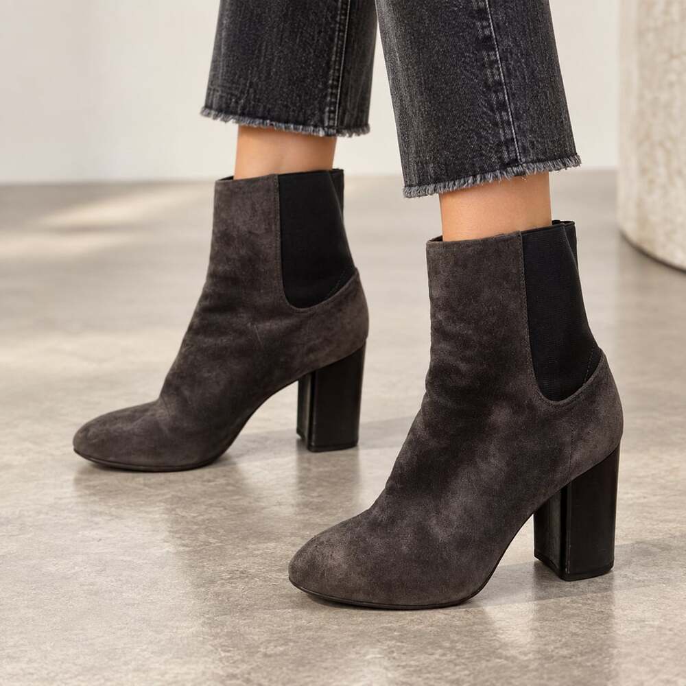 Rag & Bone Agnes Gray Suede Leather Block Heel Chelsea Booties